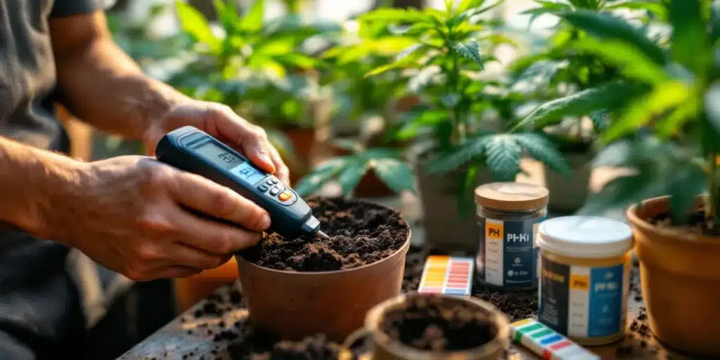 A grower using a digital pH meter to test soil acidity for optimal flowering conditions.
