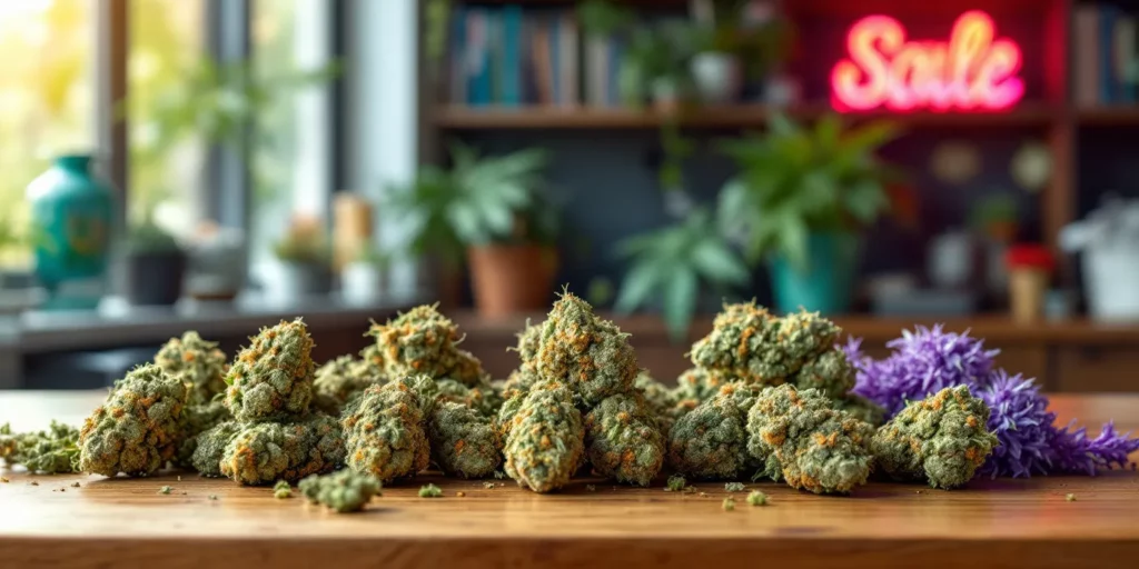 A display of different THC-rich cannabis strains on a wooden counter in a dispensary.