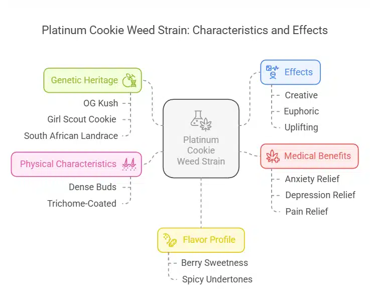 Infographic showcasing Platinum Cookie Weed Strain details, including effects, flavor profile, and genetic heritage.