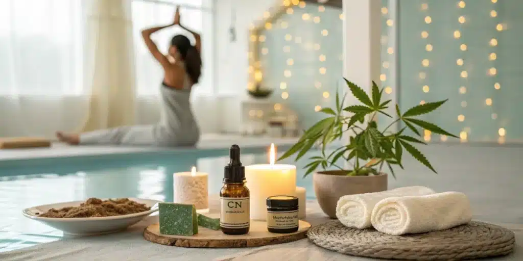 CBD spa setup with a dropper bottle, candles, and a cannabis plant, while a woman practices yoga near a pool under soft string lights