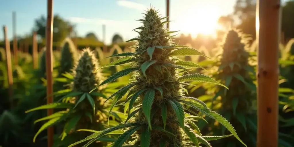 Sunset view of a lush cannabis field with tall mature plants ready for harvest