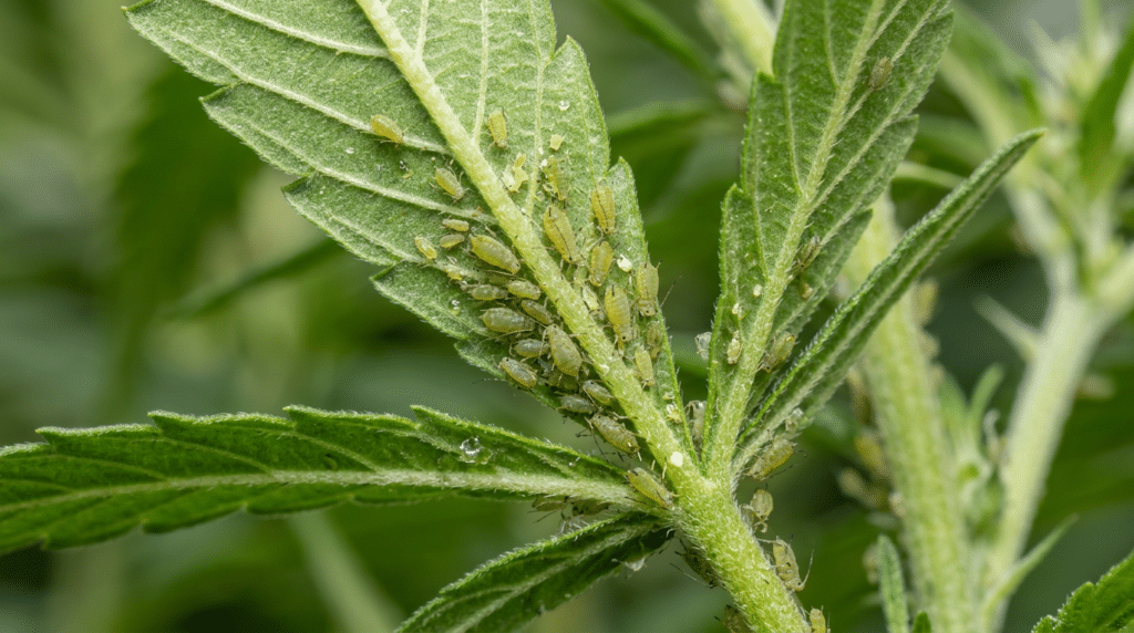 Cannabis aphids infestation leaf close up with green aphids clustered along the leaf veins and stem.