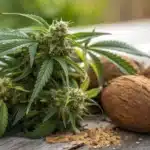 Close-up of cannabis buds paired with coconuts, illustrating the preparation of cannabis-infused coconut oil.
