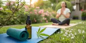 CBD dropper bottle on a rolled yoga mat with a cannabis leaf in a garden, while a woman meditates in the background surrounded by flowers
