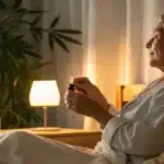 Elderly person using cannabis oil for sleep in a calm, softly lit bedroom.