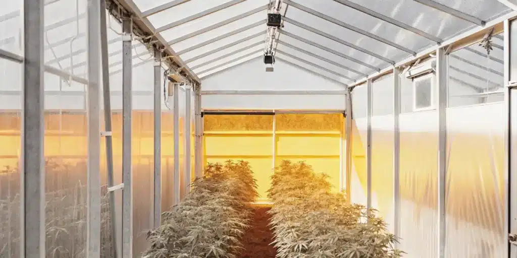 indoor greenhouse cannabis plants under warm sunset lighting