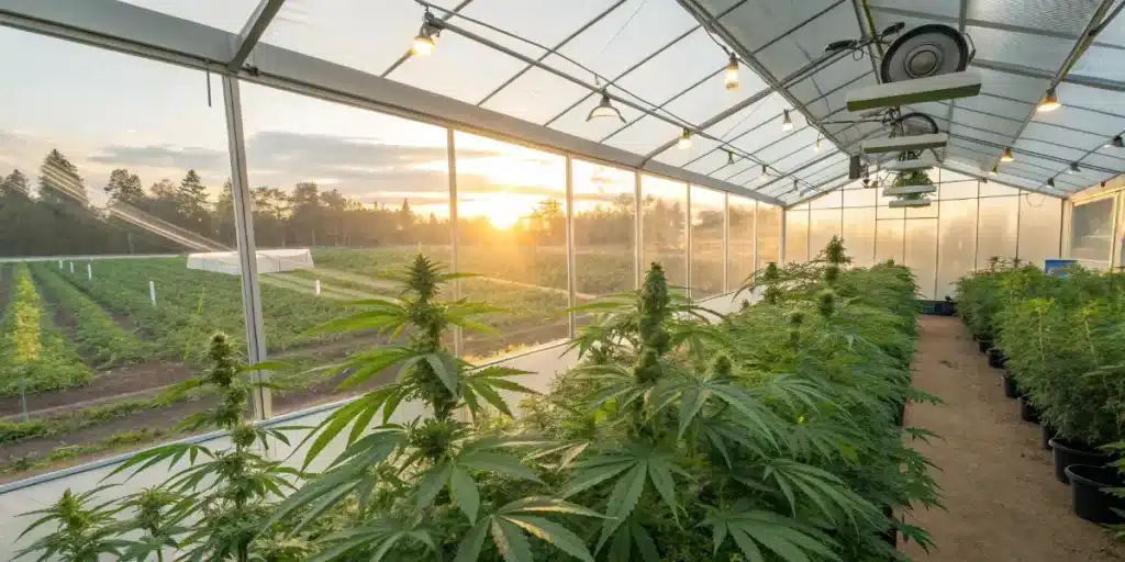 cannabis plants inside greenhouse with sunset over farming fields