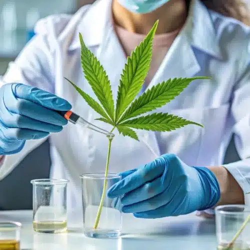 Scientist in lab coat and gloves applying liquid to a cannabis leaf with a dropper in a sterile laboratory setting, with cannabis plants and glassware.