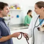 Veterinarian advising pet owner on safe anxiety treatments, underscoring that cannabis treatment for dog cancer is not recommended.