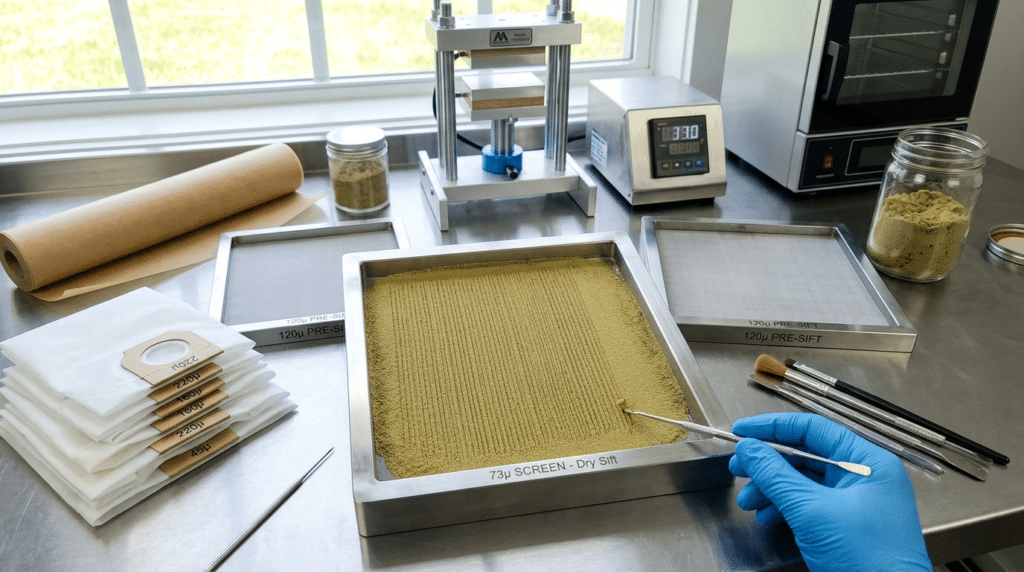 Dry sift screening lab workstation with micron screens, tools, collection bags, and sifted resin on a stainless steel table.