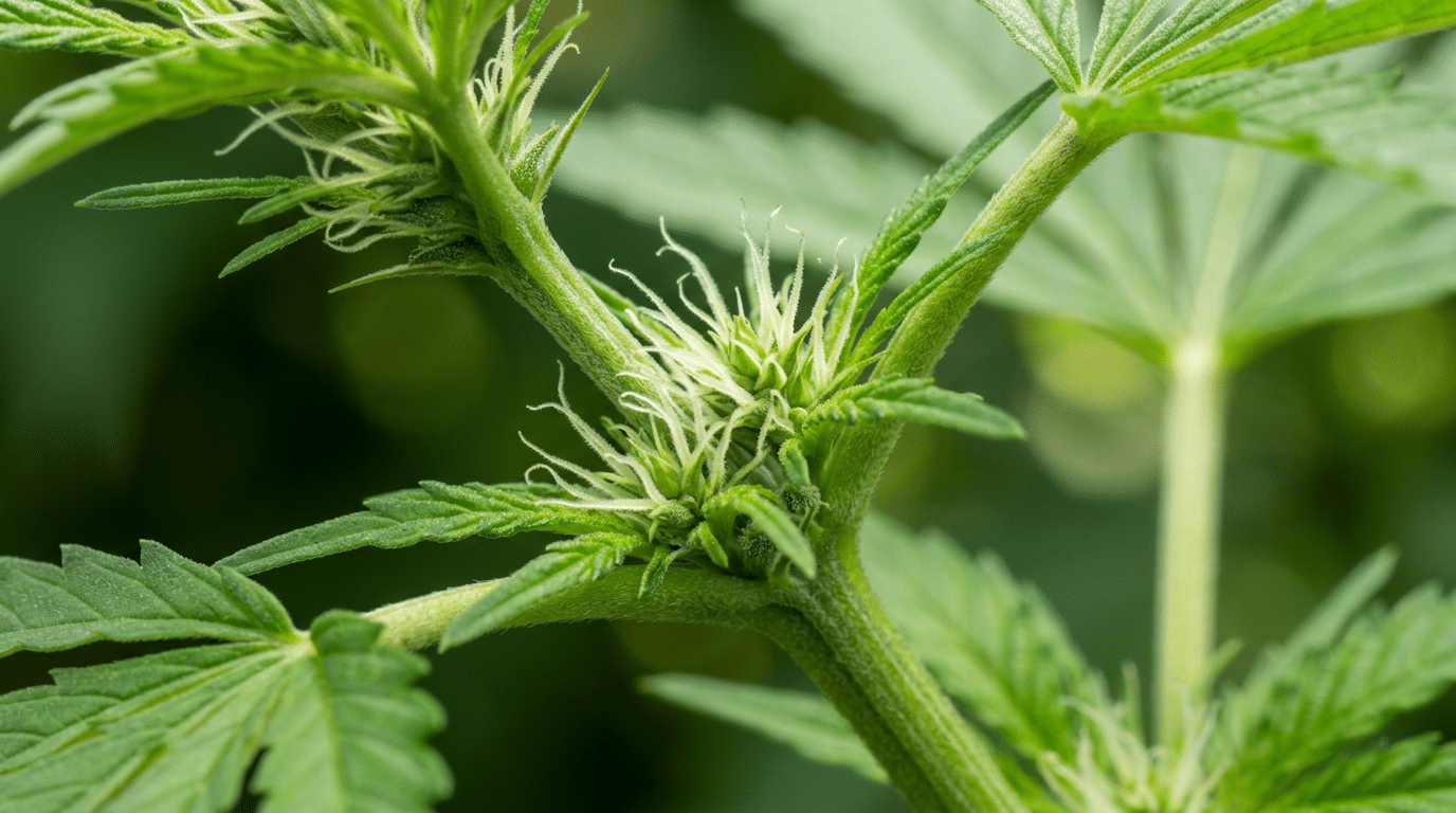 Female cannabis plant white pistils close up at the branch nodes with green stems and leaves in soft natural light.