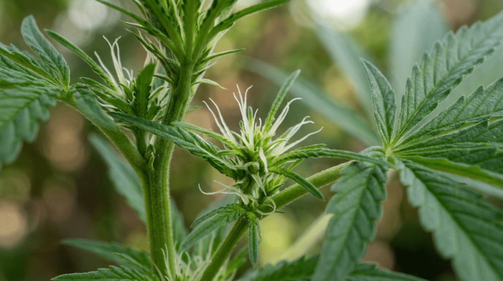 Female cannabis preflowers close up with white pistils emerging at the stem nodes among healthy green leaves.