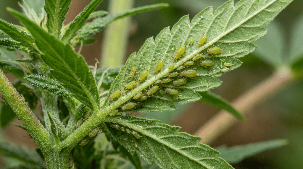 Green aphids on cannabis leaf macro showing pests feeding near the stem on a flowering cannabis plant.