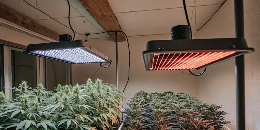 Indoor cannabis cultivation room with red and blue spectrum LED lighting.