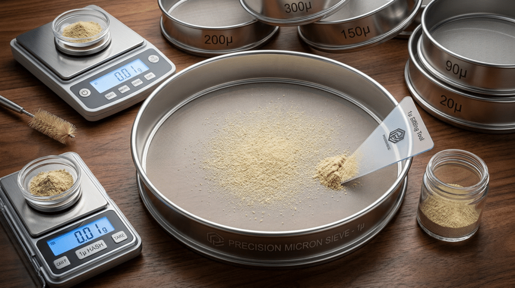 Precision micron sieve dry sift hash setup with scales, jars, mesh screens, and fine resin on a wooden table.