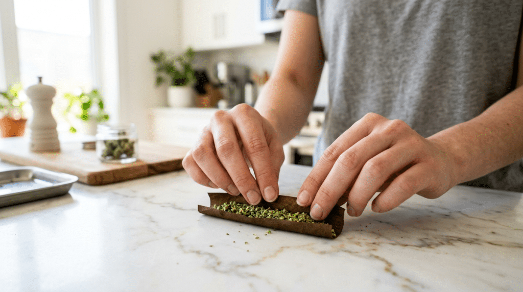 Rolling cannabis joint hands preparing weed on marble countertop in kitchen setting.