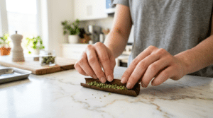 Rolling cannabis joint hands preparing weed on marble countertop in kitchen setting.