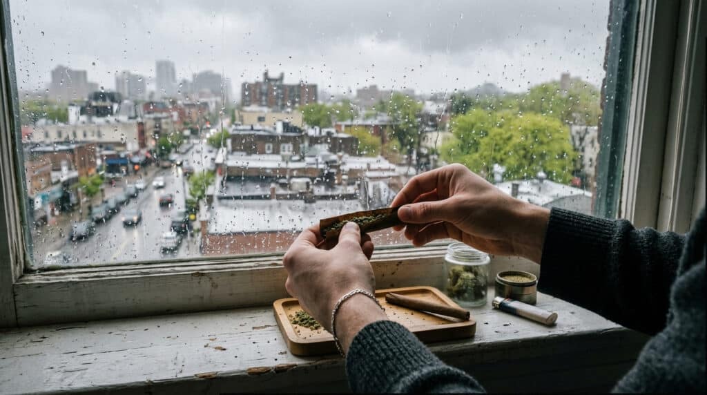 Rolling cannabis joint by window with rainy city view and weed preparation tools on tray.