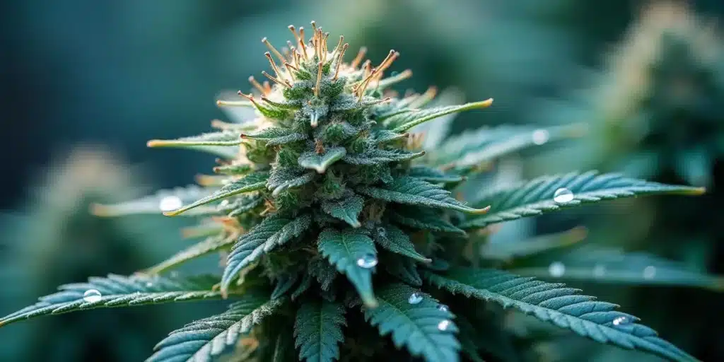 A close-up of a cannabis bud covered in resin and water droplets in Northern California.