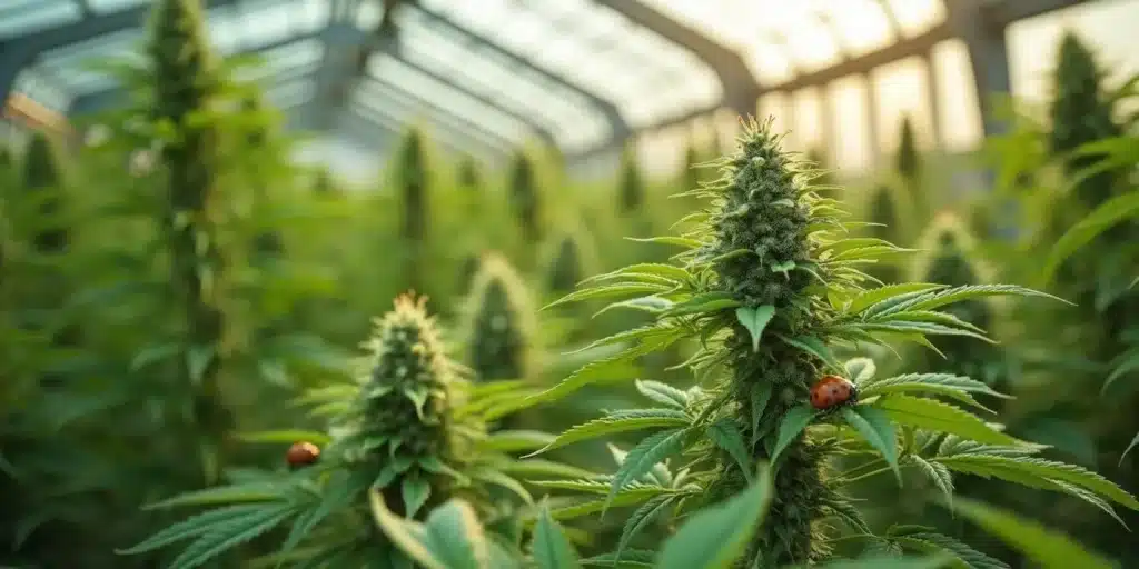 Cannabis plant inside a greenhouse, demonstrating an optimized outdoor grow setup with natural pest control.