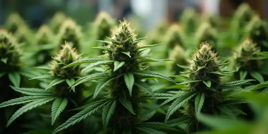 Short cannabis plants with thick buds in an indoor setup.