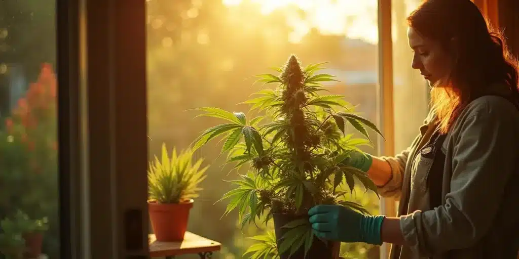 A cultivator checks a thriving cannabis plant near a sunny window, ensuring proper acclimatization after transitioning from outdoor growth.