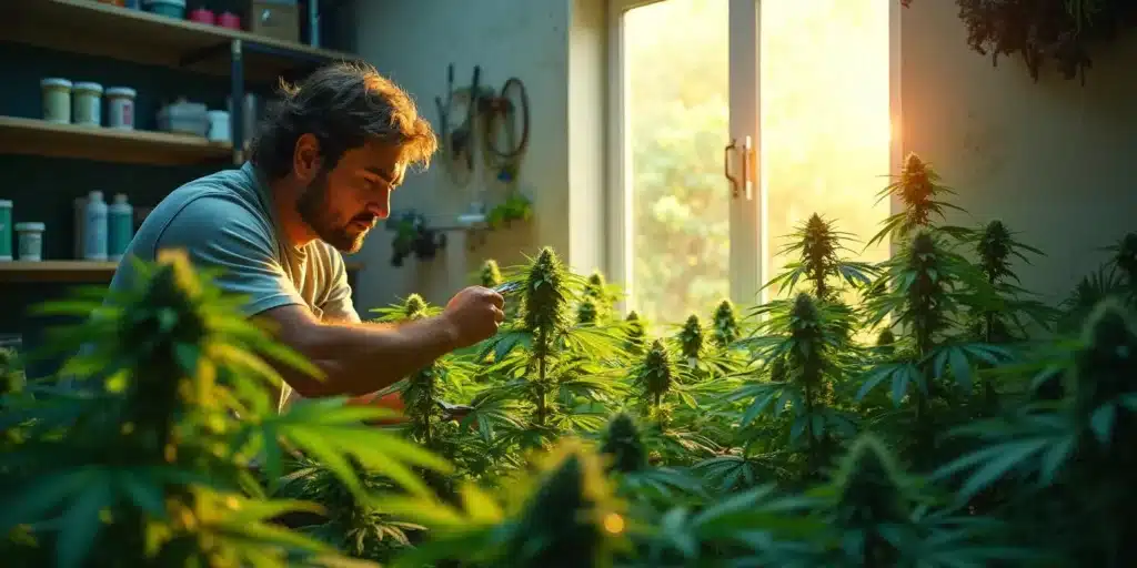 Indoor cannabis grower trimming short cannabis plants by the window.
