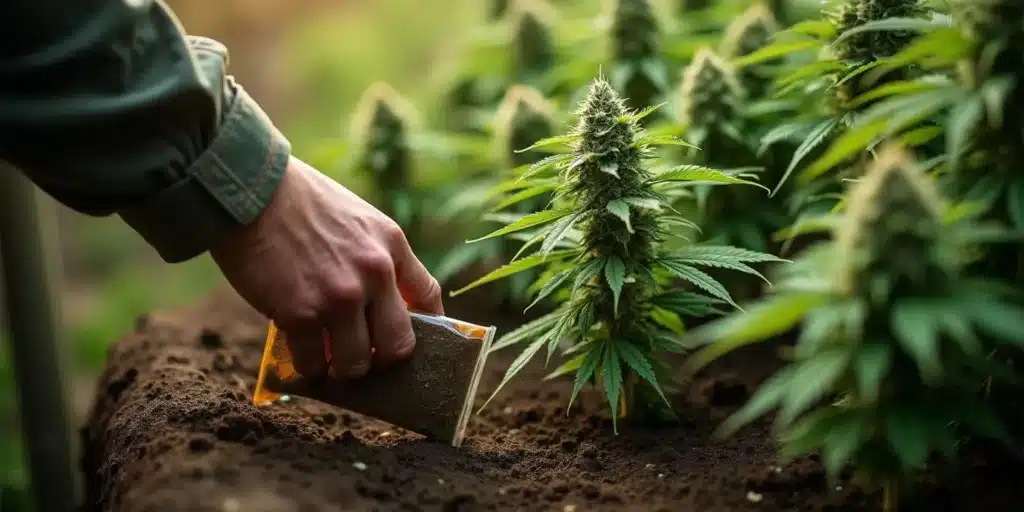 A farmer adding organic nutrients to a flowering cannabis plant in Ohio.