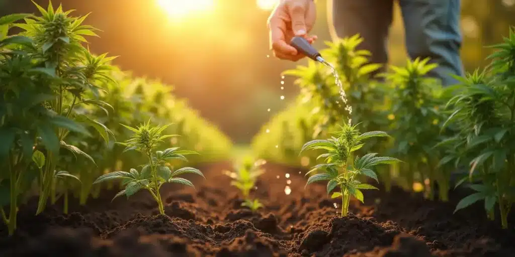 A gardener carefully watering young marijuana plants in an outdoor field. Watering frequency varies based on climate, soil type, and plant stage.