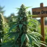 A robust Blue Dream cannabis plant flourishing in an outdoor Northeast farm.