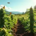 A scenic outdoor cannabis farm in Oregon, with flowering plants attracting pollinators.
