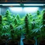 A well-maintained indoor cannabis grow room with artificial lighting.
