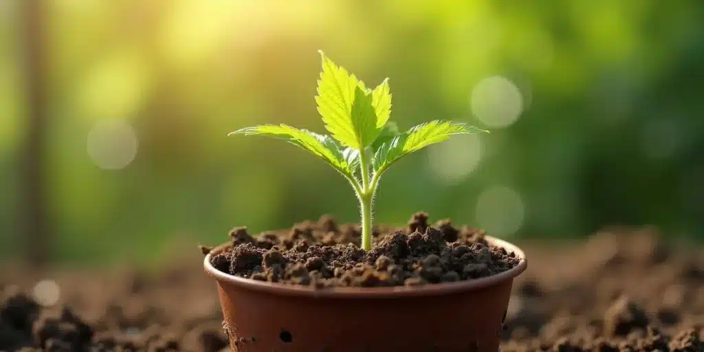 1-month-old cannabis plant in a pot outdoors: healthy early-stage growth.