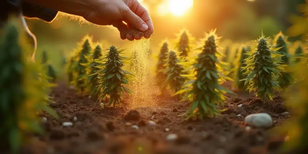 A hand sprinkling organic fertilizer onto a well-maintained outdoor cannabis field at sunset. The best fertilizer for outdoor grow supports healthy root development and improves yields.