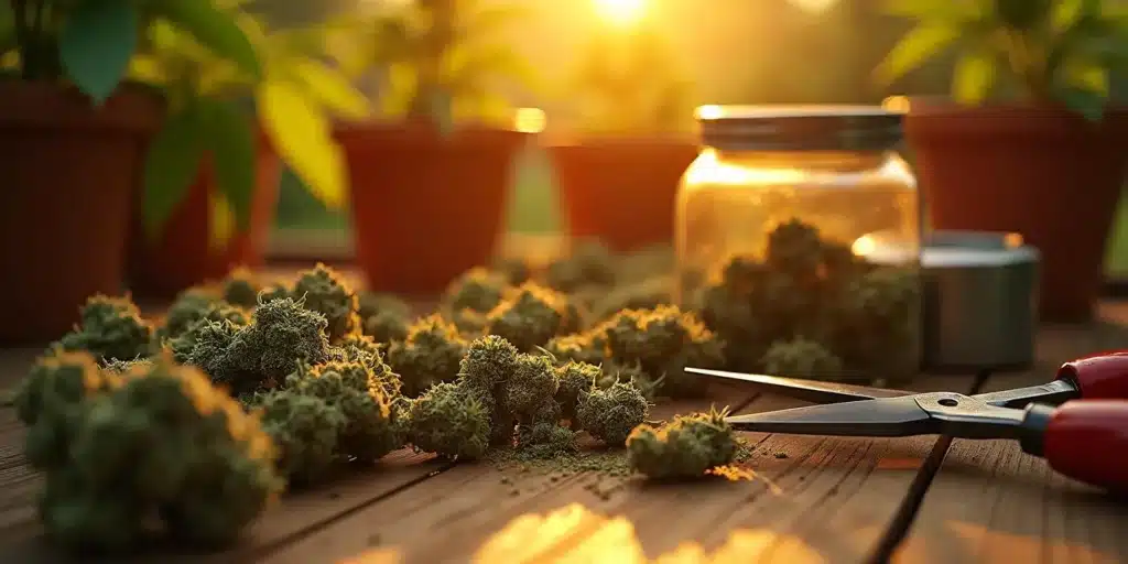 High-quality cannabis buds trimmed and ready for curing, with potted marijuana plants in the background under sunlight.