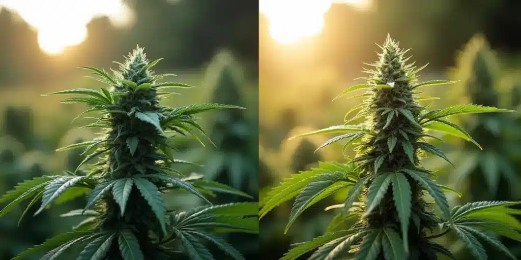Side-by-side comparison of an untrimmed and a well-trimmed marijuana plant in an outdoor setting.