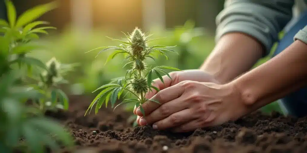 Person planting young cannabis plant in soil using biointensive gardening methods.