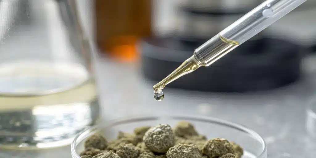Close-up of CBD Moonrock droplets measured with a dropper, with laboratory equipment in the background.