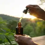 Realistic image of an individual using a dropper to apply CBG oil in a peaceful, natural environment, highlighting its therapeutic use.