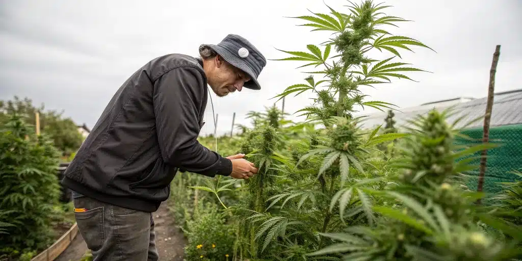 Gardener inspecting cannabis plants outdoors to detect early signs of pest damage, a key step in how to protect your outdoor grow from bugs