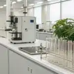 Modern, well-equipped cannabis research laboratory with long white benches, plants, and glassware.