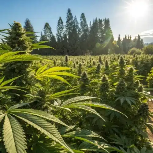 Panoramic view of an outdoor cannabis garden showcasing massive 10 pound plants for high outdoor yields.