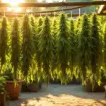 Drying weed outdoors: Cannabis branches hanging.
