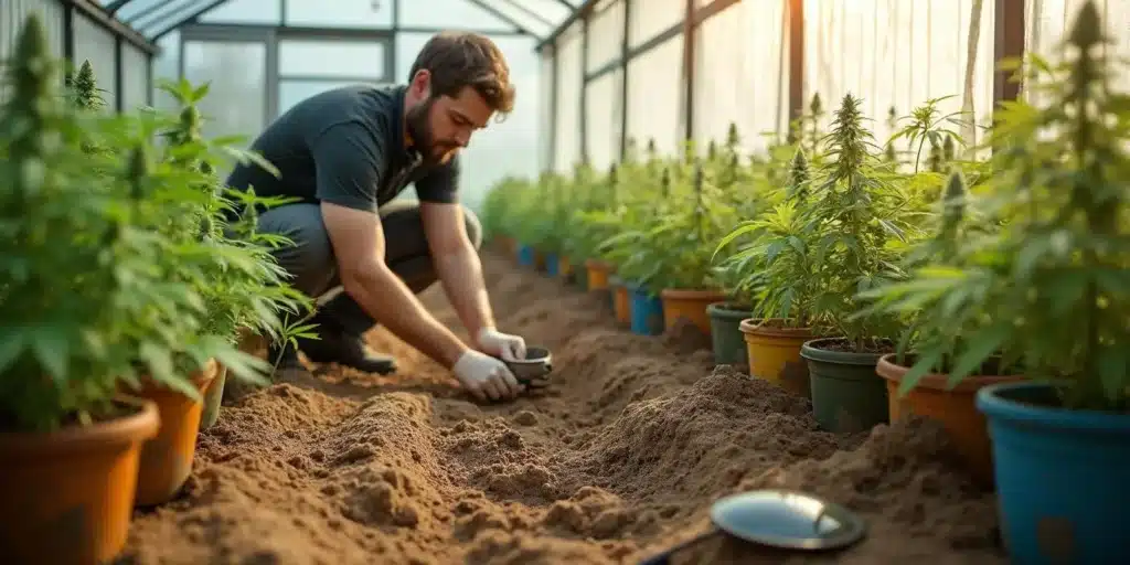 Cannabis grower tending to plants in a greenhouse, showcasing the best outdoor cultivation setup.