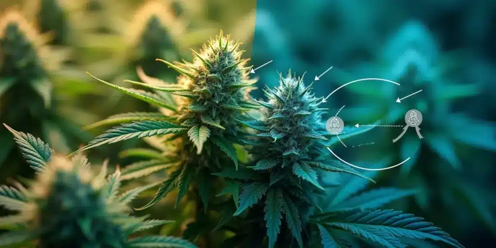 Cannabis plant in Ohio with growth phase comparison and certification symbols.
