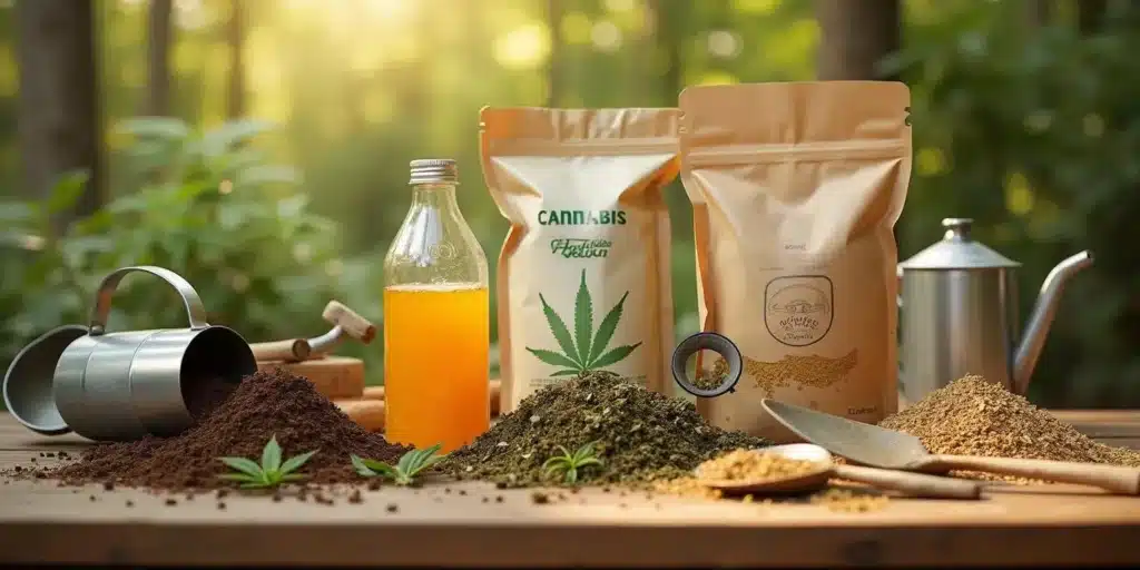 A rustic wooden table with different types of organic fertilizers, compost, and liquid nutrients designed for outdoor cannabis growth. Using the best fertilizer for outdoor grow ensures strong, thriving plants.