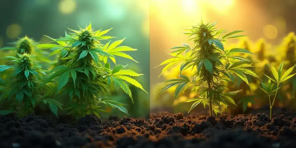 Cannabis plants after 1 month outdoors: comparison of healthy and slow growth.