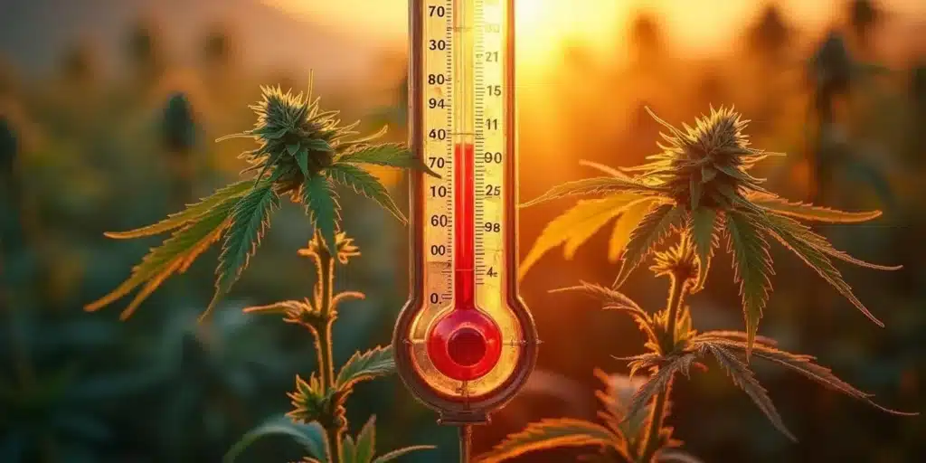 Cannabis plants in a California field transitioning into the flowering stage with a thermometer indicating summer temperatures.