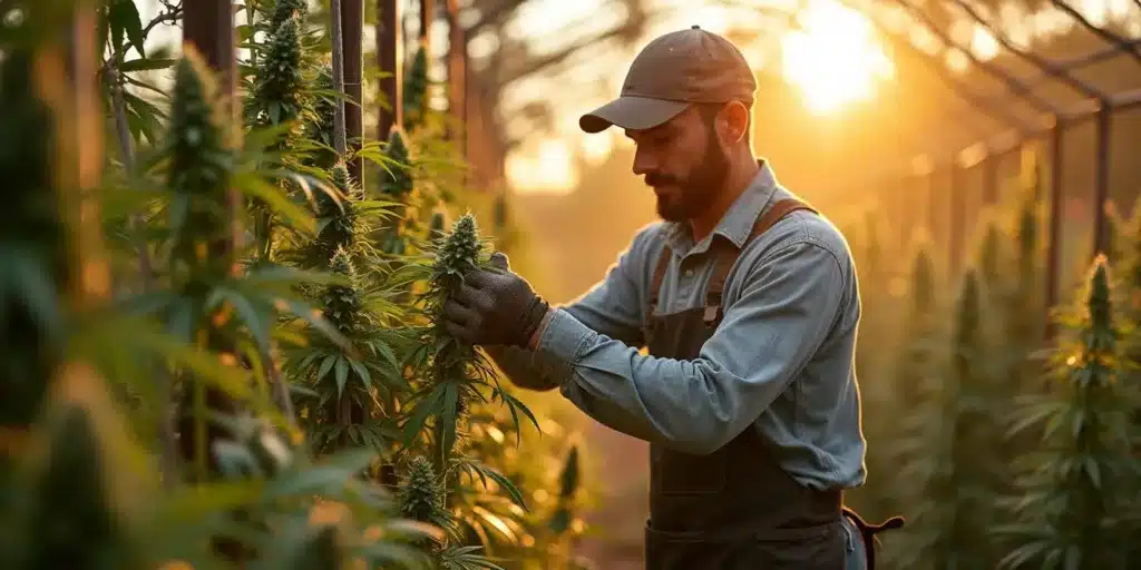 A dedicated grower carefully inspects a cannabis plant supported by a trellis system, ensuring optimal airflow and bud growth under the golden sunlight.