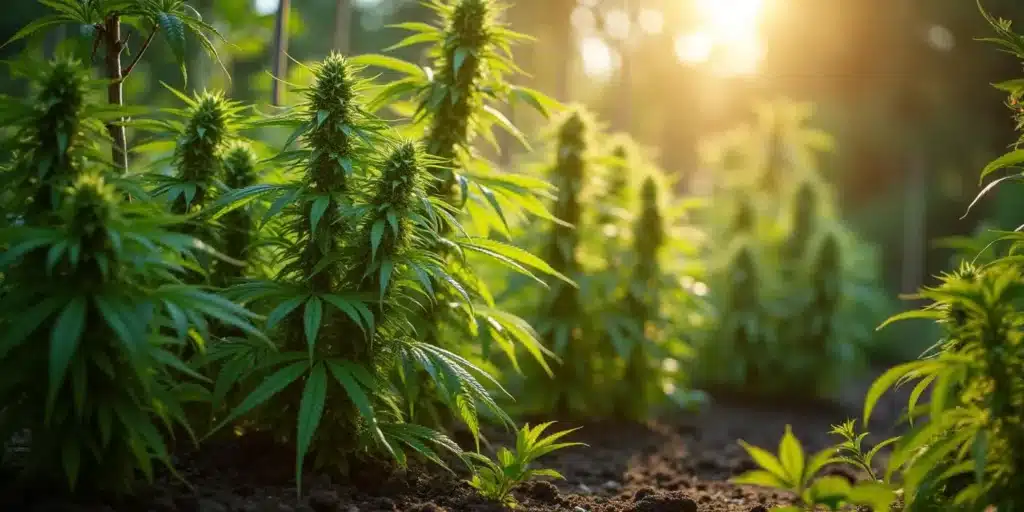 A lush garden of cannabis plants flourishing with the help of an outdoor trellis system, maximizing light exposure and structural support for heavy buds.